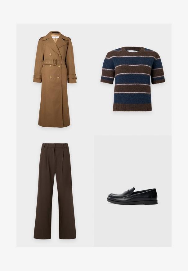 Brauner doppelt geknöpfter Trenchcoat mit breitem Revers, Schulterklappen, Taillengürtel und Manschettenriemen, knielang auf einfarbigem Hintergrund.; Kurzärmeliger flauschiger Pullover mit horizontalen braunen, marineblauen und hellgrauen Streifen, Rundhalsausschnitt und geripptem Saum vor weißem Hintergrund.; Braune, weit geschnittene Hose mit hohem Taillenbund, vorne mit Falten, aus einem glatten Stoff ohne sichtbare Muster oder Akzente.; Schwarze Lederloafers mit einem gestickten Akzentdesign, runder Zehenform, flacher Gummisohle und einer glatten Oberfläche. Klassische, vielseitige Silhouette.