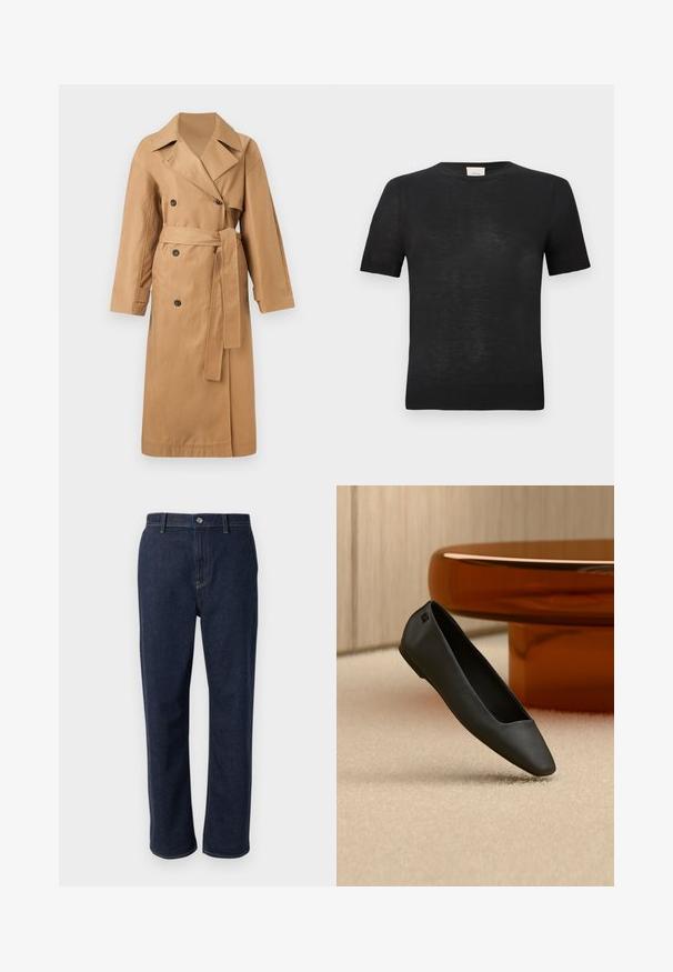 Calvin Klein CLASSIC LONG - Trench - tigers eye; T-shirt noir à manches courtes en tissu léger et texturé. Col rond avec une finition côtelée subtile aux manches et à l'ourlet.; Jeans en denim bleu foncé avec une coupe droite, dotés d'une fermeture éclair, de poches avant et de coutures visibles dans une couleur contrastante.; Chaussure plate noire à bout pointu reposant sur un tapis beige près d'une table ronde de couleur ambre dans un décor minimaliste.