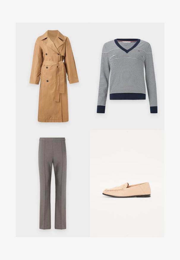 Calvin Klein CLASSIC LONG - Trentšmantel - tigers eye; Ribaeritud V-kaelusega sviiter. Horisontaalsed tumesinised ja valged triibud, soonikkoes mansetid ja äär, pehme kangas ja kontrastne kaelus.; Hallid pruunid püksid kitsas lõikes, millel on sile tekstuur ja esipleedi, mõeldud ametlikuks välimuseks. Ei mingeid nähtavaid taskuid ega riistu.; Beezad nahkka loafers, millel on õmmeldud detailid, lame must tald ja ümar varvas. Minimalistlik disain, ilma silmapaistva riistvara või aktsentideta.