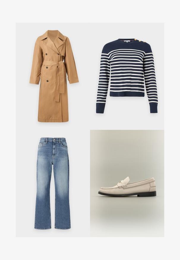 Calvin Klein CLASSIC LONG - Trenchcoat - tigers eye; Marineblauer gestreifter Pullover mit horizontalen weißen Streifen. Gerippter Kragen und Bündchen, mit vier goldfarbenen Knopfakzenten an der linken Schulter.; Hellblaue Jeans mit weitem Bein und hoher Taille, mit vorderen Taschen und subtilen Verwaschungen; gerader, umgeschlagener Saum. Keine sichtbaren Verzierungen.; Beiger Herren-Ledermokassin mit schwarzer Sohle und dekorativem Riemen auf hellem grauem Hintergrund.