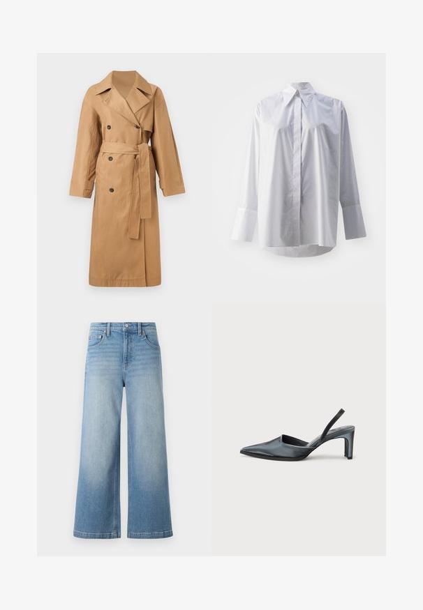 Calvin Klein CLASSIC LONG - Trenchcoat - tigers eye; Hvid langærmet skjorte i en glat bomuldsblanding, med klassisk krave, central knaplukning og brede manchetter.; Lyseblå denim bredbenede jeans med høj talje, fem-lomme design, synlig syning og knappelukning foran.; Sort slingback-hæl med spids tå, slank satinfinish og en slank hæl på 3 tommer. Åben sidedesign med minimal syningsdetalje.