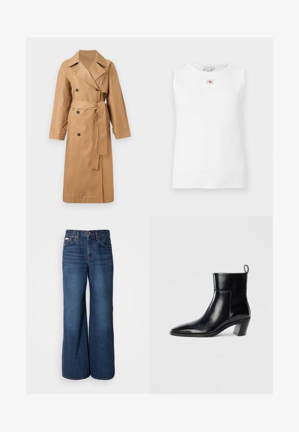 Calvin Klein CLASSIC LONG - Trenchcoat - tigers eye; Witte mouwloze geribbelde tanktop met een klein rood en zwart Calvin Klein-logo gecentreerd net onder de halslijn.; Wijdvallende jeans van donkerblauwe denim. Kenmerken zijn een hoge taille, vijf zakken en contrasterende oranje stiksels langs de naden.; Zwarte leren enkelboot met een spitse neus, een geometrische gestapelde hak en een trekband aan de achterkant. Gladde textuur en slank ontwerp.