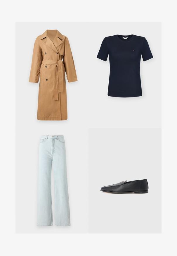 Calvin Klein CLASSIC LONG - Trench - tigers eye; T-shirt ajusté bleu marine à manches courtes, col rond et petit logo Tommy Hilfiger sur la poitrine gauche.; Jeans larges bleu clair à taille haute, en tissu denim. Présente une fermeture à bouton et éclair avec des poches avant.; Mocassins en cuir noir à texture lisse, bout arrondi et détails de couture subtils. Ils présentent un accent logo doré sur le côté supérieur.