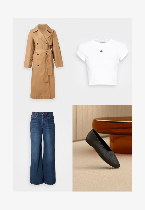 Calvin Klein CLASSIC LONG - Trenchcoat - tigers eye; Witte cropped t-shirt gemaakt van ribgebreide stof. Heeft een ronde halslijn en korte mouwen. Zwart geborduurd "cK" logo op de borst.; Wijdvallende jeans van donkerblauwe denim. Kenmerken zijn een hoge taille, vijf zakken en contrasterende oranje stiksels langs de naden.; Zwarte gestructureerde slip-on platte schoen zwevend boven een beige tapijt nabij een ronde amberkleurige tafelpoot.
