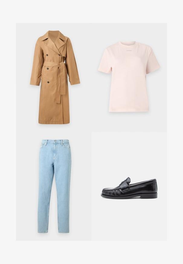 Calvin Klein CLASSIC LONG - Trenssi - tigers eye; Vaaleanpunainen puuvillainen t-paita, jossa on pyöreä pääntie, lyhyet hihat ja pieni "Calvin Klein" -logo, joka on painettu samaan väriin rinnukseen.; Vaaleansiniset farkut suoran lahkeen istuvuudella, viiden taskun suunnittelulla ja napin sulkemisella. sisältää hienoa haalistumista ja sileän tekstuurin.; Mustat nahkaiset loaferit, joissa on pyöreä kärki, erottuva ompelu ja koristeellinen remmi päälliosan yli. Sileä pinta ja matala korko.