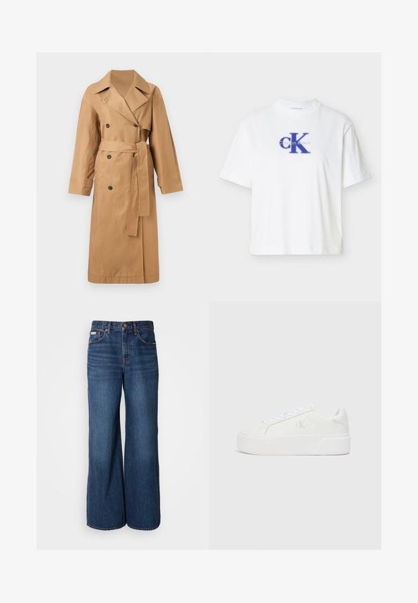 Calvin Klein CLASSIC LONG - Trenchcoat - tigers eye; Weißes T-Shirt mit kurzen Ärmeln aus Baumwolle, mit rundem Ausschnitt, versehen mit einem blauen "CK"-Logo und Text in kontrastierendem blauem Druck.; Weite Jeans aus dunkelblauem Denim. Merkmale sind eine hohe Taille, fünf Taschen und kontrastierender orangefarbener Stitching entlang der Nähte.; Weiße Plattform-Sneaker mit einem glatten Leder-Obermaterial, abgerundetem Zehenbereich, weißen Schnürsenkeln und dezentem Logo-Detail an der Seite. Flache Gummisohle.