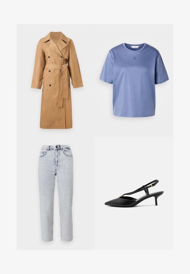 Calvin Klein CLASSIC LONG - Trenchcoat - tigers eye; Blå kortærmet bomulds-T-shirt med rund hals og lille cirkulært logo placeret midt under kraven.; Lysvasket denimjeans med lige ben, høj talje, forkantlommer og bæltestropper. Stoffet har en blød, let falmet tekstur.; Sort læder slingback kitten heel med spids tå, slank T-rem, justerbar spænde og lille guldfinish på remmen.