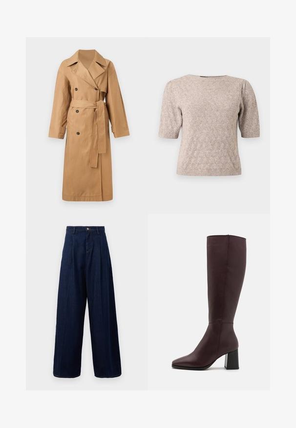 Calvin Klein CLASSIC LONG - Trenchcoat - tigers eye; Lichtbeige gebreide top met korte mouwen, subtiel textuurpatroon, ronde hals en geribbelde zomen bij de mouwen en taille.; Donkerblauwe denim wijde pijpen broek met een hoge taille, geplooide voorkant en klassieke knoopsluiting, voorzien van zijzakken en contrasterende stiksels.; Zign LEATHER - Laarzen - bordeaux