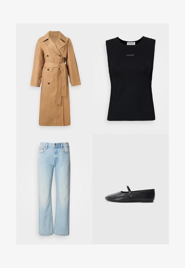 Calvin Klein CLASSIC LONG - Trenchcoat - tigers eye; Zwart mouwloos topje gemaakt van gladde stof. Heeft een ronde halslijn en een klein Calvin Klein-logo in het midden. Eenvoudig en aansluitend ontwerp.; Lichtblauwe wijde jeans van denim, voorzien van een klassiek vijf-pocket ontwerp en een subtiele vervaagde textuur. Denimstiksels zijn zichtbaar.; Zwarte leren balletschoenen met een spitse neus, platte zool en een kleine strap met een zilveren gespsluiting.