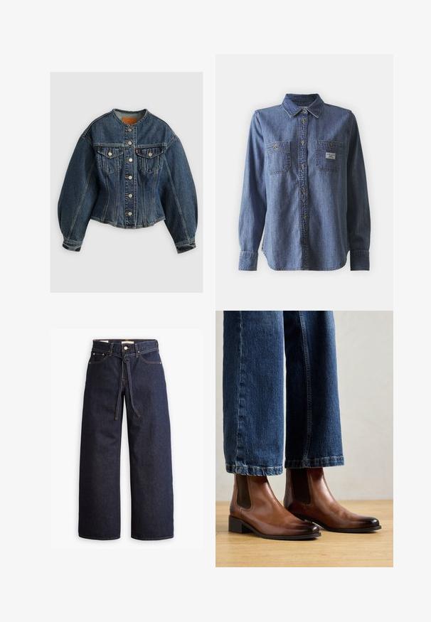 Levi's® SCULPTED TRUCKER - Džinsa auduma jaka - wonderlust no tack; Zila denim krekls ar garām piedurknēm, kas izceļas ar pogas priekšautu, divām krūšu kabatām, klasisku piegriezumu un smalku tekstūru. Etiķete kreisajā kabatā.; Plati zili džinsi ar augstu jostasvietu, ar šnaukaša saišu, piecām kabatām un kontrastējošiem šuvju akcentiem.; Brūni ādas potītes zābaki ar elastīgām sānu paneļu, kvadrātveida purngalu un zemu blokveida papēdi, valkāti ar ziliem džinsiem. Zemes segums - cieta koka grīda.