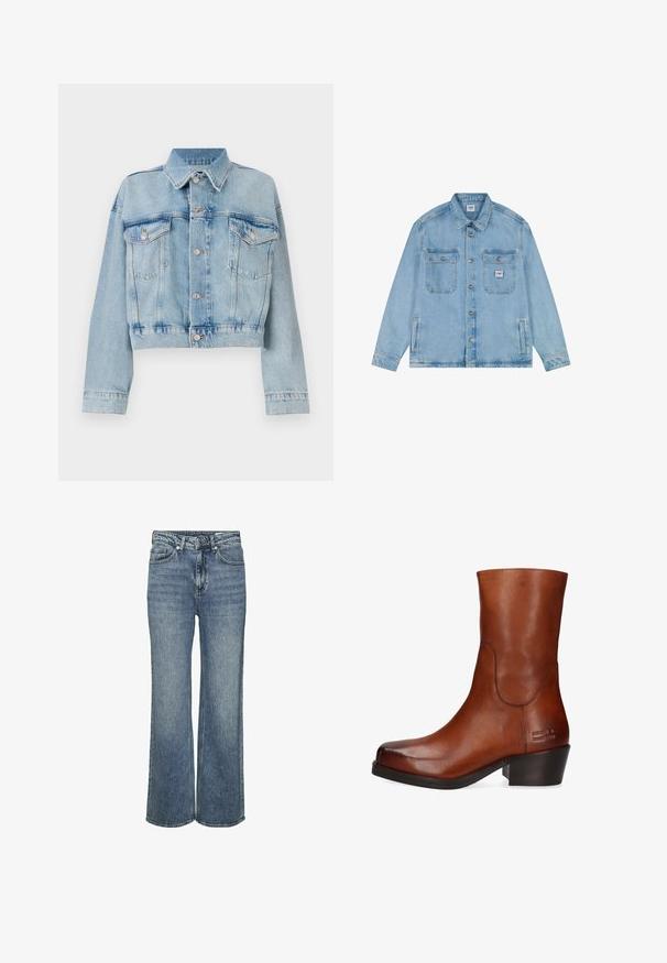 Hellblaue Jeansjacke mit verkürztem Design, ausgestattet mit zwei Brusttaschen, einem Kragen und Silberknöpfen. Glatte Textur und lässiger Stil.; Hellblaue Jeansjacke mit Knopfleiste, zwei Brustklappentaschen mit Knöpfen, zwei seitlichen Taschen und einem kleinen Lee-Logo-Patch auf der rechten Brusttasche.; Helles blaugraues weites Bein Jeans aus Denim mit einem verblassten Waschung, fünf Taschen, einem vorderen Knopfverschluss und robusten Nähdetails.; Brauner Leder-Stiefelette mit glatter Oberfläche, rund zulaufender Spitze und Blockabsatz. Verfügt über minimale Nähte und ein gebrandetes Logodetail an der Seite.