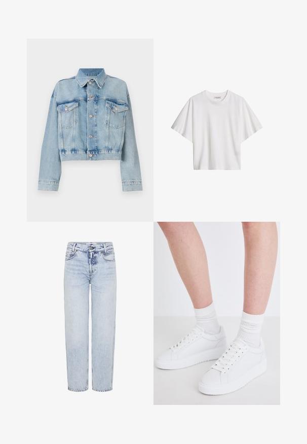 Hellblaue Jeansjacke mit verkürztem Design, ausgestattet mit zwei Brusttaschen, einem Kragen und Silberknöpfen. Glatte Textur und lässiger Stil.; Weißes, kurzärmeliges, locker sitzendes Baumwoll-T-Shirt mit Rundhalsausschnitt und Markenetikett innen im Kragen.; Helleblaue, hoch taillierte Jeans aus Denim; gerade geschnitten mit vorderen Taschen, einem Knopfverschluss und minimalen Ausbleichungsmustern.; Copenhagen Studios CPH72 - Sneaker low - white