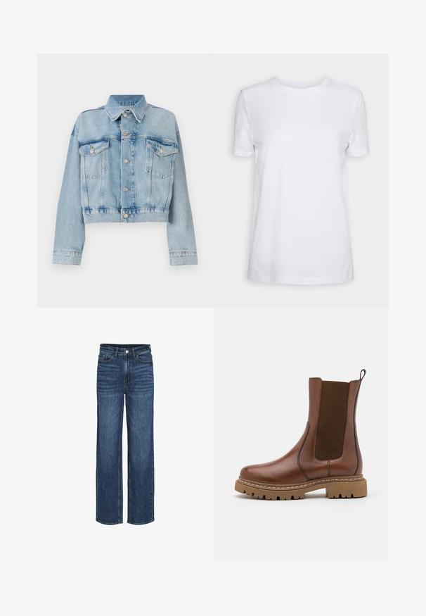Lys blå denimjakke med et cropped design, der har to brystlommer, en krave og sølvfarvede knapper. Glat tekstur og afslappet stil.; Simpel hvid T-shirt med korte ærmer og rund hals, normal pasform og et lille indvendigt mærke på nakken med teksten "SELECTED FEMME."; VILA JAF HW- NOOS - Jeans Straight Leg - m blue denim; Brune læder ankelstøvle med elastiske paneler og en trækflap. Har en kraftig gummisål og synlige stikninger langs kanterne.