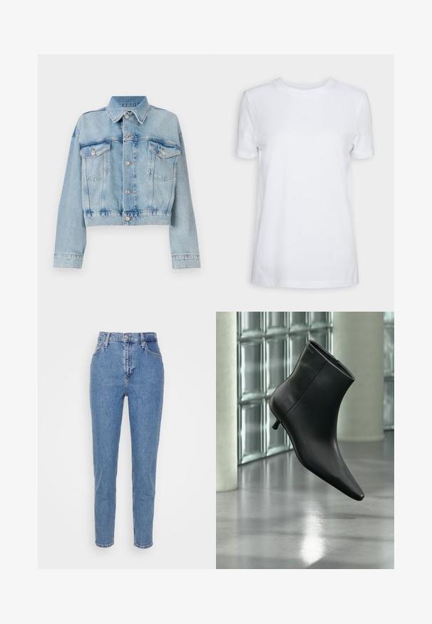 Hellblaue Jeansjacke mit verkürztem Design, ausgestattet mit zwei Brusttaschen, einem Kragen und Silberknöpfen. Glatte Textur und lässiger Stil.; Schlichtes weißes T-Shirt mit kurzen Ärmeln und Rundhalsausschnitt, normaler Passform und einem kleinen Innenhalsetikett mit der Aufschrift „SELECTED FEMME.“; Blaue hochtaillierte gerade Jeans mit verdecktem Knopf und Reißverschluss, Gürtelschlaufen und Taschen, vor einem schlichten weißen Hintergrund präsentiert.; Schwarzer Leder-Stiefelette mit spitzer Zehenpartie und niedrigem Kitten-Heel, schräg dargestellt vor einem polierten Boden und einer Glasbausteinwand.