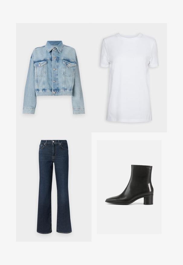 Lichtblauwe denimjas met een cropped ontwerp, voorzien van twee borstzakken, een kraag en zilverkleurige knopen. Zachte textuur en casual stijl.; Effen wit T-shirt met korte mouwen en ronde hals, normale pasvorm en een klein label aan de binnenkant van de hals met de tekst "SELECTED FEMME."; Donkere blauwe denim uitlopende jeans met hoge taille, ontwerp met vijf zakken en contrasterende stiksels. Gladde textuur en brede pijpopening aan de onderkant.; Zwarte leren enkellaars met een puntige neus en een blokhak van gemiddelde hoogte. Gladde textuur en minimalistisch ontwerp. Geen zichtbaar beslag.