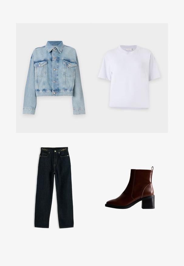 Chaqueta de denim azul claro con un diseño corto, que presenta dos bolsillos en el pecho, un cuello y botones en tono plateado. Textura suave y estilo casual.; Camiseta de algodón blanca con un corte relajado, mangas cortas, cuello redondo y sin patrones o adornos visibles. Textura suave.; Vaqueros de mezclilla azul oscuro con corte de pierna recta, cinco bolsillos, remaches de cobre y cierre con botón metálico en la cintura.; Botín de cuero marrón hasta el tobillo con punta cuadrada y costura lateral, un tacón apilado de 3 pulgadas y una lengüeta en la parte posterior para facilitar su colocación.