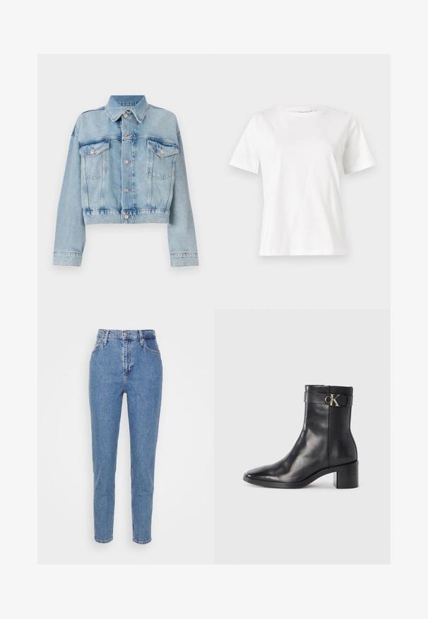 Lys blå denimjakke med et cropped design, der har to brystlommer, en krave og sølvfarvede knapper. Glat tekstur og afslappet stil.; Hvid bomulds t-shirt med korte ærmer, rund halsudskæring og en afslappet pasform. Glat tekstur, ingen mønstre eller accenter, minimalistisk design.; Blå højtaljede lige jeans med frontknap og lynlås, bæltestropper og lommer, præsenteret på en ensfarvet hvid baggrund.; Sort læder ankelstøvle med spids tå, blokhæl og en rem med en metallisk logo detalje. Glat tekstur og minimalistisk design.