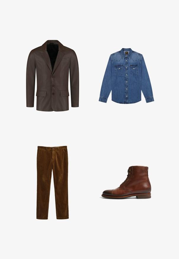 Blazer de cuero marrón con cuello con muescas, dos bolsillos frontales, cuatro botones y una textura lisa y suave.; Camisa azul de mezclilla con botones y mangas largas, dos bolsillos en el pecho y costura en forma de pico en la pechera, con una pequeña etiqueta de la marca Lee en el bolsillo derecho.; Pantalones de pana marrones con un diseño de pierna recta, que presentan un cierre frontal con botón y dos bolsillos laterales. Tela texturizada con patrón acanalado.; Botas de tobillo de cuero marrón con punta redondeada, 6 ojetes y un acabado de textura suave. Presentan un tacón bajo apilado y costuras en contraste.