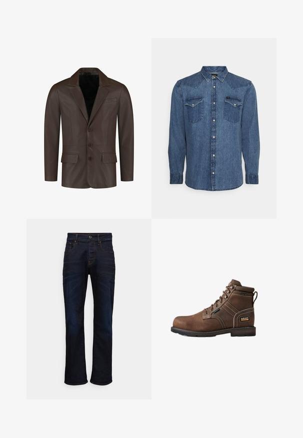 Blazer de cuero marrón con cuello con muescas, dos bolsillos frontales, cuatro botones y una textura lisa y suave.; Camisa de mezclilla azul de manga larga con botones a presión y dos bolsillos en el pecho, mostrada sobre un fondo claro y liso.; Jeans de mezclilla azul oscuro con diseño de pierna recta, cinco bolsillos y detalles de costura en contraste. El material tiene una textura suave y tejida.; Bota de trabajo marrón de cuero con cordones, puntera de acero, etiqueta impermeable, cuello acolchado en el tobillo y logo Ariat Work en el talón.