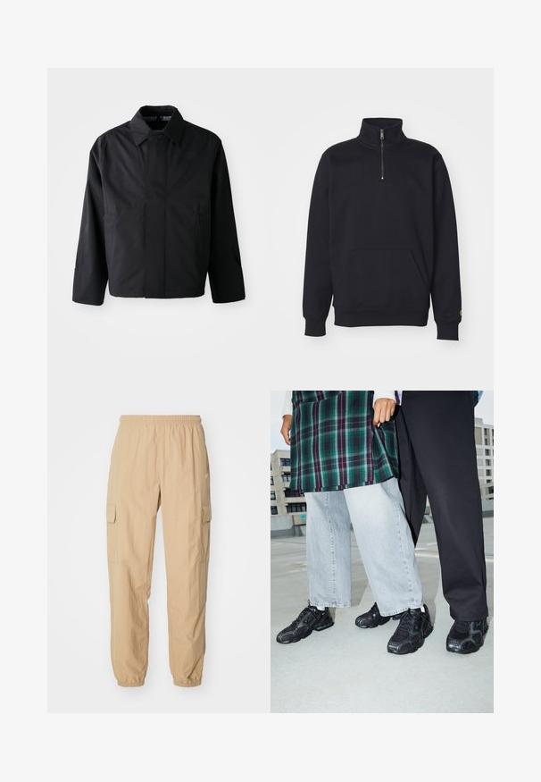 Schwarze, kurze Jacke mit umgeschlagenem Kragen, zwei Fronttaschen und langen Ärmeln. Hergestellt aus glattem, leichtem Material mit dezentem Branding.; Schwarzer Fleece-Quarter-Zip-Sweatshirt mit hohem Kragen, gerippten Bündchen, Kängurutasche und kleinem goldenen Logo-Akzent am Ärmel.; Beige Cargo-Hosen aus leichtem Stoff, mit einem elastischen Bund, zwei Seitentaschen und elastischen Bündchen an den Knöcheln.; Schwarze Sportschuhe mit Mesh- und Gummielementen. Kombiniert mit hellgrauen weiten Jeans und einem karierten grünen Oberteil. Flacher Hintergrund.