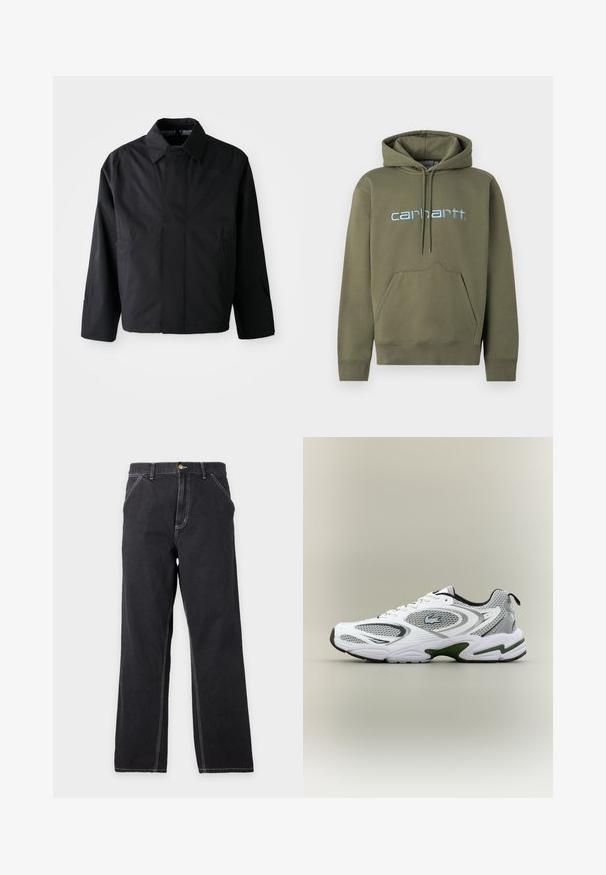 Chaqueta corta negra con cuello amplio, dos bolsillos frontales y mangas largas. Fabricada con un material suave y ligero con una marca sutil.; Sudadera con capucha verde oliva hecha de mezcla de algodón, que cuenta con un bolsillo canguro, dobladillo y puños acanalados, con "carhartt" bordado en azul claro.; Vaqueros negros de pierna recta con bolsillos delanteros, trabillas para el cinturón y costuras blancas visibles sobre un fondo liso gris claro.; Zapatilla deportiva de running en blanco y gris, con paneles de malla, acentos verdes, detalles en negro y un logo en el costado, vista desde el lado exterior.