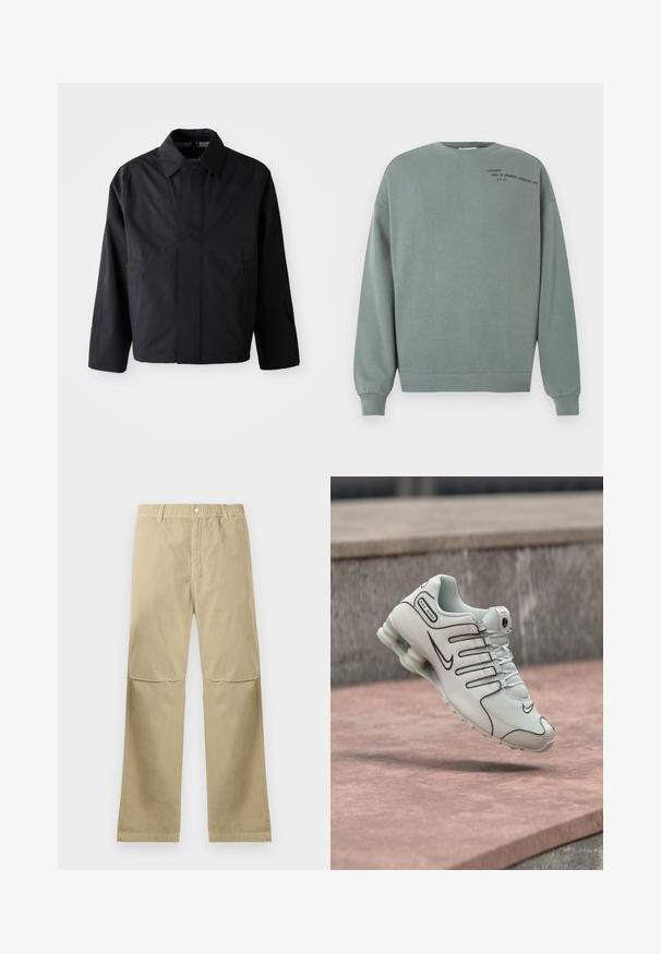 Chaqueta corta negra con cuello amplio, dos bolsillos frontales y mangas largas. Fabricada con un material suave y ligero con una marca sutil.; Sudadera verde polvorienta con mangas largas y pequeño texto negro que dice "Carhartt Work In Progress (Detroit) 1989 A.C 313" en la parte superior izquierda del pecho.; Pantalones rectos beige con cierre de botón a presión, lazos para cinturón y detalles en la costura de la rodilla, dispuestos sobre un fondo blanco.; Zapatilla Nike Shox blanca con logo negro y suela acolchada, posicionada en el aire sobre una superficie de concreto rosa.