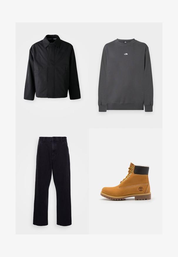 Zwarte, korte jas met een verspreide kraag, twee voorke pockets en lange mouwen. Gemaakt van soepel, lichtgewicht materiaal met subtiele branding.; Grijze sweatstof trui van een katoenmix, met een ronde hals, lange mouwen, geribbelde manchetten en een klein wit logo op de borst.; Zwarte denim broek met een rechte pijpdesign, voorzien van een knoop- en ritssluiting, riemlussen en minimale stikdetails.; Bruine leren enkellaars met metalen oogjes, witte faux bont voering, zwarte gewatteerde kraag, robuuste zool en een reliëflogo aan de zijkant.