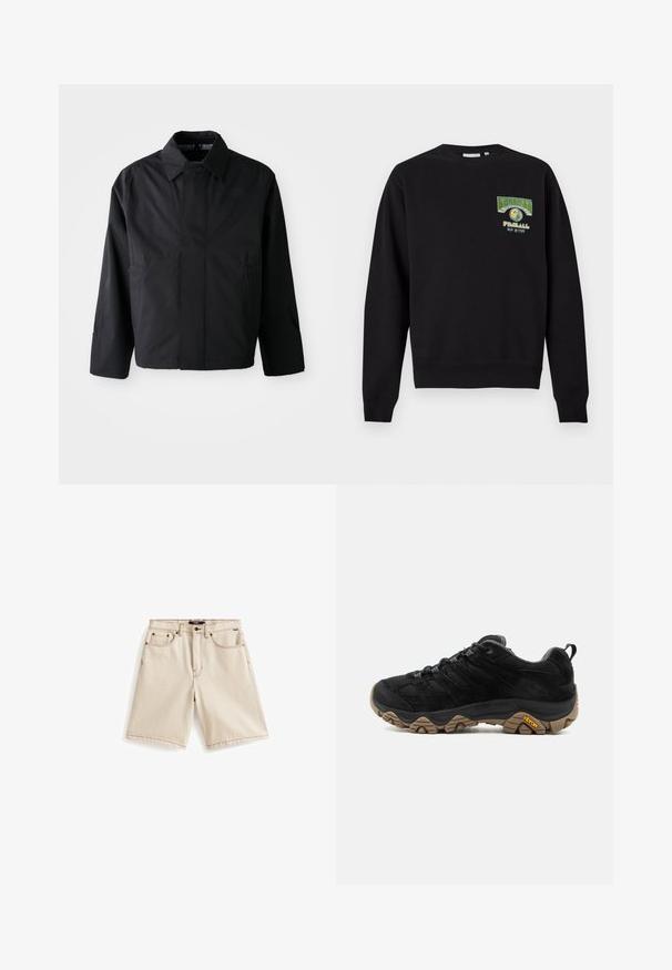 Schwarze, kurze Jacke mit umgeschlagenem Kragen, zwei Fronttaschen und langen Ärmeln. Hergestellt aus glattem, leichtem Material mit dezentem Branding.; Schwarzer Langarm-Sweatshirt mit einem kleinen bunten Aufnäher auf der linken Brust mit der Aufschrift „Carhartt WIP Pinball 1989.“; Beige Jeans-Shorts mit geradem Schnitt, mit orangen Nähten, fünf Taschen und einem oberen Knopfverschluss. Klassisches Design, vielseitiger Stil.; Schwarzer Wanderschuh mit robuster brauner Vibram-Sohle, Mesh- und Wildleder-Obermaterial, Schnürdesign und hinterer Zuglasche, von der Außenseite gezeigt.