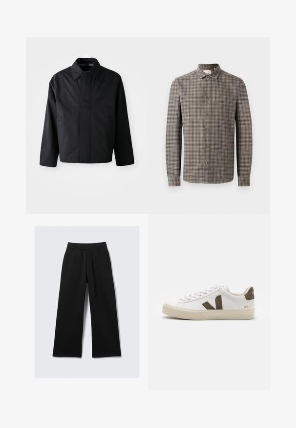 Chaqueta corta negra con cuello amplio, dos bolsillos frontales y mangas largas. Fabricada con un material suave y ligero con una marca sutil.; Camisa de manga larga de cuadros en tonos marrón y gris, con un cuello clásico y cierres de botón en la parte frontal.; Pantalones negros de pierna ancha con cintura elástica, dos bolsillos laterales y una textura suave. Diseñados para brindar comodidad y facilidad de movimiento.; Zapatillas de cuero blanco con una suela de goma beige claro. Presenta un logo en forma de V de gamuza marrón y una pestaña en el talón. Cierre con cordones y superficie texturizada.