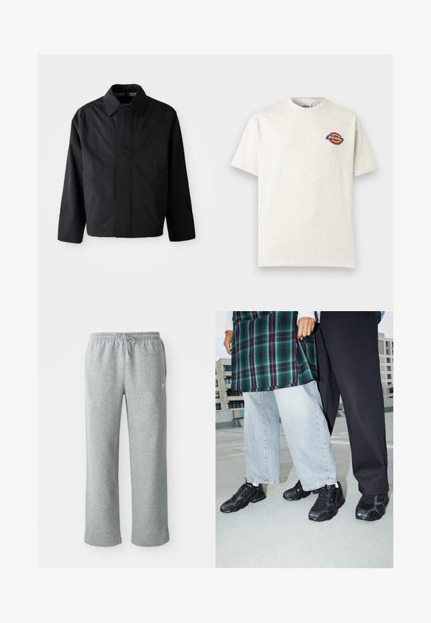 Schwarze, kurze Jacke mit umgeschlagenem Kragen, zwei Fronttaschen und langen Ärmeln. Hergestellt aus glattem, leichtem Material mit dezentem Branding.; Off-white kurzärmeliges T-Shirt mit einem kleinen runden Dickies-Logo in Rot, Gelb und Blau auf der linken Brust.; Graue Sweatpants aus Baumwolle mit elastischem Bund, Kordelzugverschluss und geraden Beinen. Verfügt über ein kleines Logo auf der oberen linken Seite.; Schwarze Sportschuhe mit Mesh- und Gummielementen. Kombiniert mit hellgrauen weiten Jeans und einem karierten grünen Oberteil. Flacher Hintergrund.
