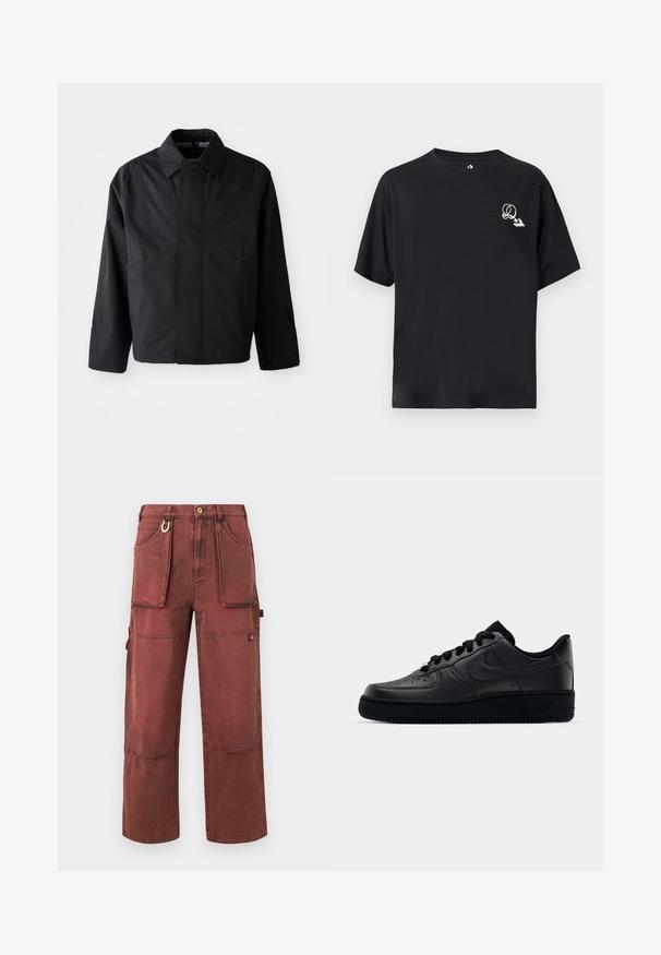 Sort, kort jakke med spredt krave, to forreste lommer og lange ærmer. Lavet af glat, let materiale med diskret branding.; Sort bomuld t-shirt med afslappet pasform, korte ærmer og lille, kontrastfarvet grafisk logo på venstre bryst. Klassisk rund hals.; Cargo-bukser i rustrød med lige ben, store forlommer, knæsyninger, bæltestropper, en metalnøglering og knaplukning.; Sort Nike Air Force 1 sneaker med en glat læderoverdel, perforeret tå for åndbarhed, sorte snørebånd og en textured gummisål.