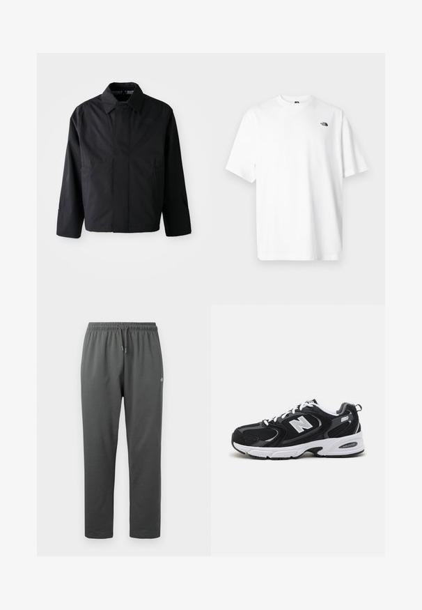 Sort, kort jakke med spredt krave, to forreste lommer og lange ærmer. Lavet af glat, let materiale med diskret branding.; Hvid bomuld t-shirt med korte ærmer, V-udskæring, med en lille sort logo på øverste venstre side. Blød tekstur, afslappet pasform.; Mørkegrå fleece-sweatpants med elastisk taljebånd og snor, med en lille logo på højre lår.; Sorte og grå sportssko med mesh og ruskind på overdelen, der har en hvid mellemsål, snørebånd og et iøjnefaldende "N" logo på siden.