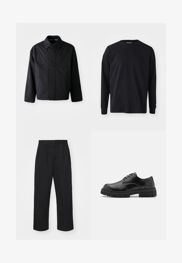 Schwarze, kurze Jacke mit umgeschlagenem Kragen, zwei Fronttaschen und langen Ärmeln. Hergestellt aus glattem, leichtem Material mit dezentem Branding.; Schwarzes Langarm-T-Shirt aus Baumwolle mit rundem Halsausschnitt und geradem Schnitt, mit einem kleinen Logodetail am Ärmel.; Schwarze Baumwollhose mit geradem Schnitt, ausgestattet mit einem Knopfverschluss, zwei vorderen Taschen und einer glatten Textur.; Schwarze Lederschuhe mit runder Zehenform, Schnürdesign und einer dicken, strukturierten Gummisohle. Sie verfügen über eine Naht entlang des Randes und haben eine glatte Oberfläche.