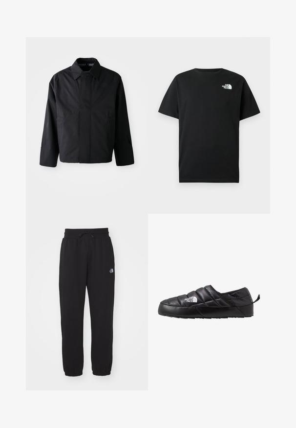 Chaqueta corta negra con cuello amplio, dos bolsillos frontales y mangas largas. Fabricada con un material suave y ligero con una marca sutil.; Camiseta de algodón negra con mangas cortas, cuello redondo y logotipo blanco en el pecho izquierdo. Diseño simple, sin adornos.; Pantalones de chándal negros de tela suave, con cinturilla elástica y cordón, tobillos ajustados y un pequeño logo en el muslo superior.; Zapato negro de tipo slip-on con un diseño acolchado, hecho de material acolchado. Presenta una suela de goma texturizada y una pequeña lengüeta en la parte trasera.