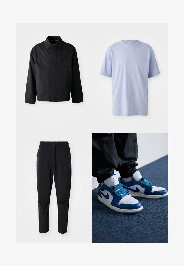 Chaqueta corta negra con cuello amplio, dos bolsillos frontales y mangas largas. Fabricada con un material suave y ligero con una marca sutil.; Camiseta de algodón azul claro con escote redondo y mangas cortas. Presenta un logo "nike" en relieve en el centro del frente. Textura suave.; Pantalones de exterior negros, ligeros, con cintura elástica y cordón ajustable. Cuenta con bolsillos con cremallera y puños ajustados.; Las zapatillas Nike Air Jordan cuentan con una base de cuero blanco con acentos sintéticos azules, una caja de dedos perforada y cordones azules.