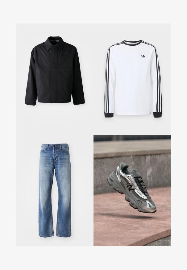 Schwarze, kurze Jacke mit umgeschlagenem Kragen, zwei Fronttaschen und langen Ärmeln. Hergestellt aus glattem, leichtem Material mit dezentem Branding.; Weißes Adidas-Langarmshirt mit schwarzem Rundhalsausschnitt, schwarzen Bündchen, drei schwarzen Streifen an den Ärmeln und schwarzem Trefoil-Logo auf der Brust.; Blaue Jeans mit geradem Bein aus Denim, mit leichtem Verblassen an den Oberschenkeln und Knien, ausgestattet mit fünf Taschen und einem Knopfverschluss.; Grauer und silberner New Balance Sneaker mit der Aufschrift "1000", der über einer rosa-steinernen Oberfläche vor einem grauen Steinmauer-Hintergrund schwebt.