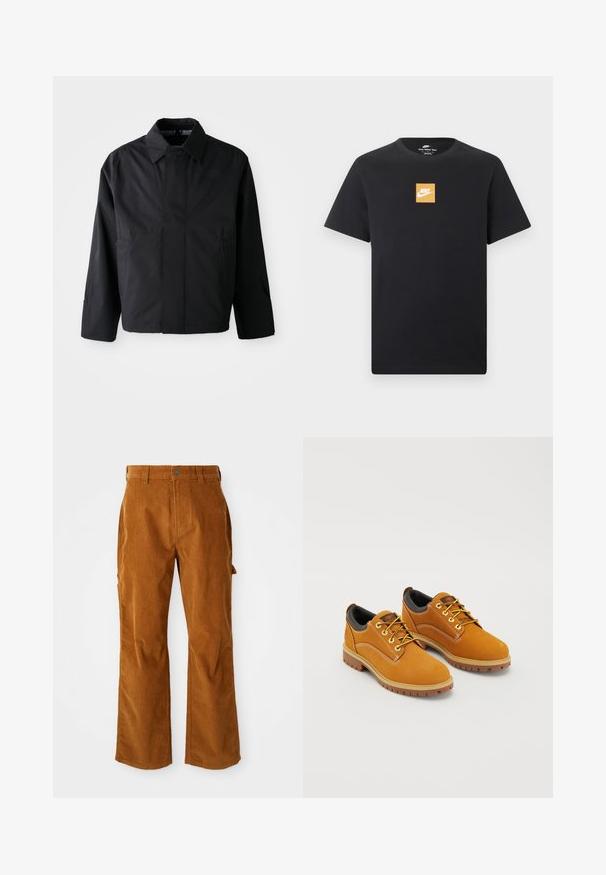 Chaqueta corta negra con cuello amplio, dos bolsillos frontales y mangas largas. Fabricada con un material suave y ligero con una marca sutil.; Camiseta negra de manga corta Nike con un pequeño logo cuadrado naranja y el símbolo blanco de Nike centrado en el pecho.; Pantalones de pana marrones con un diseño de pierna acampanada, que cuentan con bolsillos laterales y un cierre de botón en la parte delantera. La textura es suave y estriada.; Zapatos de ante marrón con punta redonda, cordones amarillos, un collar acolchado negro y suelas de goma con surcos de tracción.