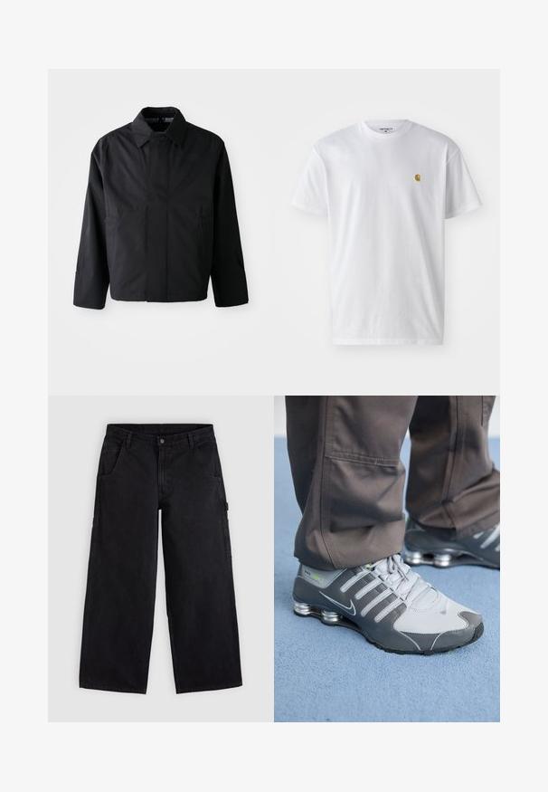 Schwarze, kurze Jacke mit umgeschlagenem Kragen, zwei Fronttaschen und langen Ärmeln. Hergestellt aus glattem, leichtem Material mit dezentem Branding.; Weißes Baumwoll-T-Shirt mit kurzen Ärmeln, Rundhalsausschnitt, mit einem kleinen goldenen Logo im linken Brustbereich. Weicher Stoff und normale Passform.; Schwarze weite Arbeitshosen mit Gürtelschlaufen, vorderen Taschen und Knopfverschluss, dargestellt auf einem schlichten hellen Hintergrund.; Graue und silberne Nike Shox Sneakers zeichnen sich durch ein schlankes Design aus, mit Netz- und Synthetikmaterialien, einer abgerundeten Zehenpartie und einem gepolsterten Schuhkragen.