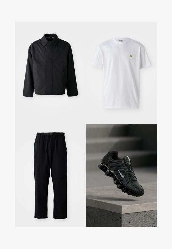 Zwarte, korte jas met een verspreide kraag, twee voorke pockets en lange mouwen. Gemaakt van soepel, lichtgewicht materiaal met subtiele branding.; Witte katoenen t-shirt met korte mouwen en ronde hals, voorzien van een klein gouden logo op de linkerkant van de borst. Zachte textuur en een normale pasvorm.; Zwarte, lichtgewicht broek met een rechte snit, elastische tailleband, verstelbare riem en verstevigde kniepanden. Geen zichtbare patronen of accenten.; Zwarte en donkergrijze Nike hardloopschoen met wit swoosh-logo, zwevend boven een betonnen richel met trappen op de achtergrond.