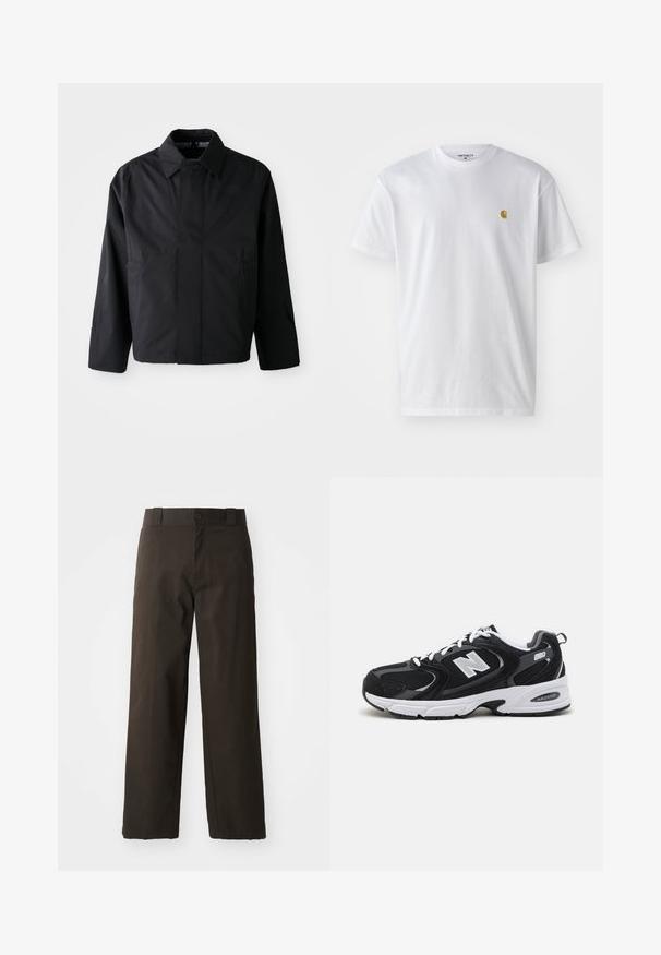 Schwarze, kurze Jacke mit umgeschlagenem Kragen, zwei Fronttaschen und langen Ärmeln. Hergestellt aus glattem, leichtem Material mit dezentem Branding.; Weißes Baumwoll-T-Shirt mit kurzen Ärmeln, Rundhalsausschnitt, mit einem kleinen goldenen Logo im linken Brustbereich. Weicher Stoff und normale Passform.; Schwarze Baumwollhosen mit geradem Bein, ausgestattet mit einem Knopfverschluss und einem klassischen Bund. Glatte Textur, keine Muster oder Akzente.; Schwarze und graue Sportschuhe mit Obermaterial aus Mesh und Wildleder, ausgestattet mit einer weißen Zwischensohle, Schnürsenkeln und einem markanten "N"-Logo an der Seite.