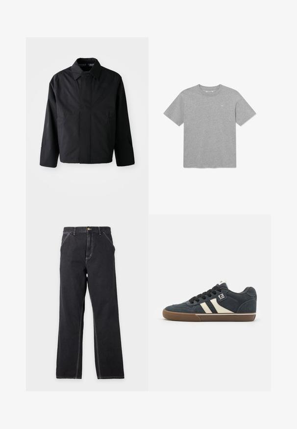 Sort, kort jakke med spredt krave, to forreste lommer og lange ærmer. Lavet af glat, let materiale med diskret branding.; Grå T-shirt med korte ærmer, lavet af bomuld, med rund halsudskæring og et lille logo på brystet. Blød tekstur med en afslappet pasform.; Sorte jeans med lige ben, forlommer, bæltestropper og synlige hvide syninger på en ensfarvet lys grå baggrund.; Mørkeblå ruskinds sneakers med cremefarvede striber, sorte snørebånd og en brun gummisål. Har polstret krave og logo på siden.