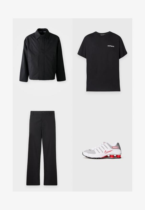 Schwarze, kurze Jacke mit umgeschlagenem Kragen, zwei Fronttaschen und langen Ärmeln. Hergestellt aus glattem, leichtem Material mit dezentem Branding.; Schwarzes Baumwoll-T-Shirt mit lockerem Schnitt, kurzen Ärmeln und weißem "Carhartt"-Logo auf der linken Brustseite.; Schwarze Hosen mit geradem Bein, hergestellt aus glattem Stoff. Mit einer vorderen Knopfverschluss und ohne sichtbare Muster oder Akzente.; Weiße Sportschuh mit grauem Textil-Obermaterial, roten Akzenten und vier hohlen schockabsorbierenden Säulen in der Ferse. Schnürdesign mit Mesh-Einsätzen.