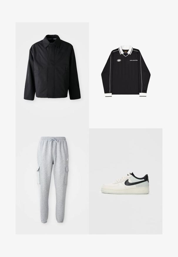 Chaqueta corta negra con cuello amplio, dos bolsillos frontales y mangas largas. Fabricada con un material suave y ligero con una marca sutil.; Camiseta deportiva negra de manga larga con cuello y puños blancos, ribete blanco en las mangas y logotipo "Alpha Industries" en el pecho.; Pantalones de chándal grises hechos de una tela suave, con una cinturilla elástica con cordón, dos bolsillos laterales y puños ajustados.; Zapatilla Nike Air Force 1 de corte bajo en crema y gris claro con logo Swoosh negro y marca Gore-Tex sobre un fondo blanco.
