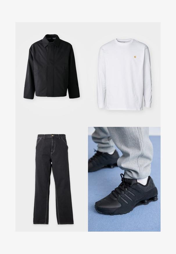 Zwarte, korte jas met een verspreide kraag, twee voorke pockets en lange mouwen. Gemaakt van soepel, lichtgewicht materiaal met subtiele branding.; Witte lange mouwen t-shirt van katoen. Voorzien van een klein gouden logo op de borst en een ronde hals. Eenvoudig ontwerp en standaard pasvorm.; Zwarte jeans met rechte pijpen, voorzakken, riemlussen en zichtbare witte stiksels op een effen lichtgrijze achtergrond.; Persoon in zwarte Nike Shox sneakers en een grijze joggingbroek staand op een lichtblauw tapijt.