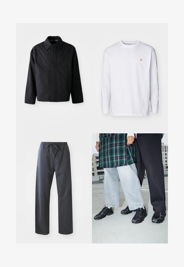 Zwarte, korte jas met een verspreide kraag, twee voorke pockets en lange mouwen. Gemaakt van soepel, lichtgewicht materiaal met subtiele branding.; Witte lange mouwen t-shirt van katoen. Voorzien van een klein gouden logo op de borst en een ronde hals. Eenvoudig ontwerp en standaard pasvorm.; Zwarte, elastische broek met een trekkoord, met een rechte pijpdesign en een zachte textuur. Geen zichtbare zakken of patronen.; Zwarte sportieve schoenen met mesh- en rubberaccenten. Draagt een lichtgrijze wijde spijkerbroek en een groen geruit shirt. Effen achtergrond.
