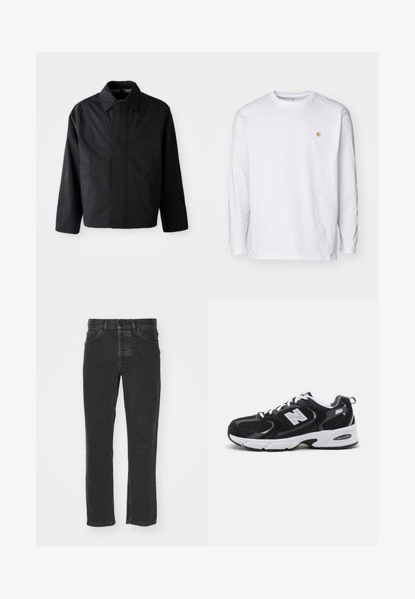 Schwarze, kurze Jacke mit umgeschlagenem Kragen, zwei Fronttaschen und langen Ärmeln. Hergestellt aus glattem, leichtem Material mit dezentem Branding.; Weißes Langarm-T-Shirt aus Baumwolle. Mit kleinem goldenem Logo auf der Brust und Rundhalsausschnitt. Einfaches Design und normale Passform.; Schwarze Jeans aus Denim mit geradem Bein, klassischem Fünf-Taschen-Design, Knopfverschluss und verblasster Optik. Angenehme Textur, keine sichtbaren Muster.; Schwarze und graue Sportschuhe mit Obermaterial aus Mesh und Wildleder, ausgestattet mit einer weißen Zwischensohle, Schnürsenkeln und einem markanten "N"-Logo an der Seite.