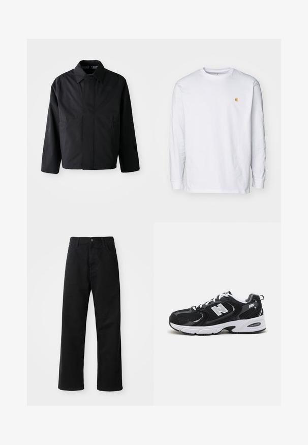 Sort, kort jakke med spredt krave, to forreste lommer og lange ærmer. Lavet af glat, let materiale med diskret branding.; Hvid langærmet t-shirt lavet af bomuld. Har et lille gyldent logo på brystet og en rund halsudskæring. Enkel design og standard pasform.; Sorte denimbukser med lige snit, der har frontlommer, lynlås og en enkelt knap i toppen. Struktureret stof med en mat finish.; Sorte og grå sportssko med mesh og ruskind på overdelen, der har en hvid mellemsål, snørebånd og et iøjnefaldende "N" logo på siden.