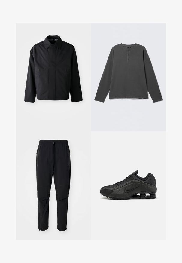 Zwarte, korte jas met een verspreide kraag, twee voorke pockets en lange mouwen. Gemaakt van soepel, lichtgewicht materiaal met subtiele branding.; Donkergrijs henley-shirt met lange mouwen, een ronde halslijn en drie knopen op de voorklep.; Zwarte, lichte buitenbroeken met een elastische tailleband en verstelbaar trekkoord. Beschikt over ritszakken en taps toelopende boorden.; Zwarte hardloopschoenen met een glad bovenwerk van synthetisch materiaal, geperforeerde accenten, gestructureerde zijpanelen en een opvallende veerkrachtige zool.