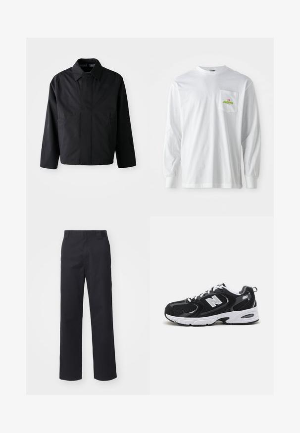 Zwarte, korte jas met een verspreide kraag, twee voorke pockets en lange mouwen. Gemaakt van soepel, lichtgewicht materiaal met subtiele branding.; Witte lange mouwen crewneckshirt met een borstzak, voorzien van een klein gekleurd geborduurd logo en tekst.; Zwarte rechte broek van een katoenmix. Heeft een platte tailleband met riemlussen en geen zichtbare hardware of versieringen.; Zwarte en grijze sport schoenen met een bovenwerk van mesh en suede, voorzien van een witte tussenzool, veters en een gedurfde "N"-logo aan de zijkant.