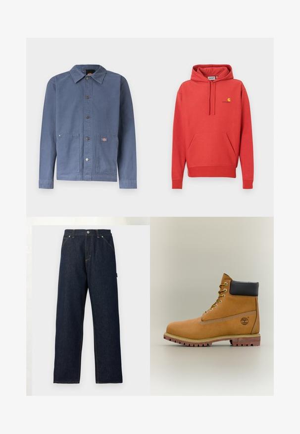 Veste bleue à boutons-pression avec col, deux poches avant, boutons-pression en métal et petit patch logo sur la poche droite.; Sweat à capuche rouge avec cordon de serrage, poche kangourou, poignets côtelés et logo jaune sur la poitrine. Fabriqué en tissu doux avec une texture lisse.; Jean en denim bleu foncé à jambes droites avec poches avant, passants pour ceinture et fermeture par bouton à la taille sur un fond uni.; Bottine en cuir marron avec col noir, lacets jaunes et semelle beige. Présente un logo et des détails de couture blanche. Semelle extérieure à traction robuste.